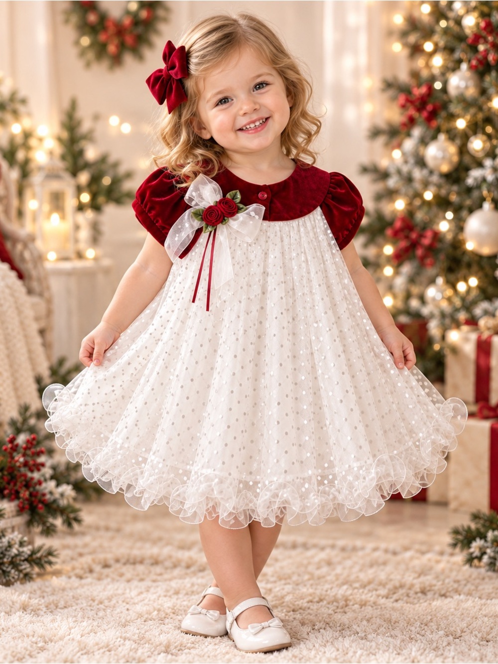 Rare Editions Girls 2T Red Velvet Ivory Tulle Polka Dot Holiday Dress